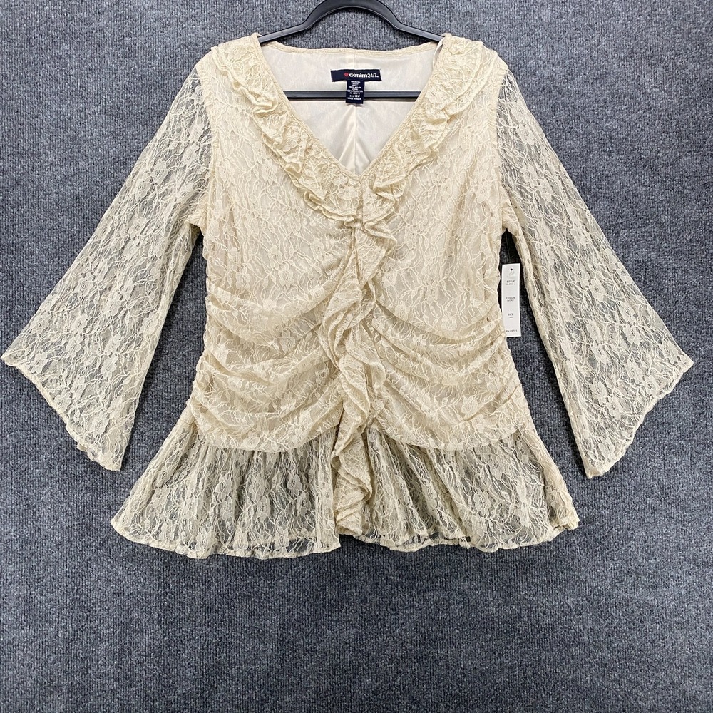 Womens Top Large Beigeβ Lace V-Neck Fitted Ruffle Fairy Cottagecore Soft Girl
